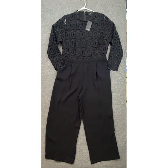 Eloquii Jumpsuit 16 Black Lace Floral High Neck Wide Leg Pleated Pockets‎ Party